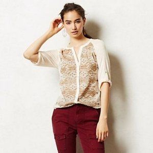 TINY Anthropologie Cream and Gold Embroidered Top